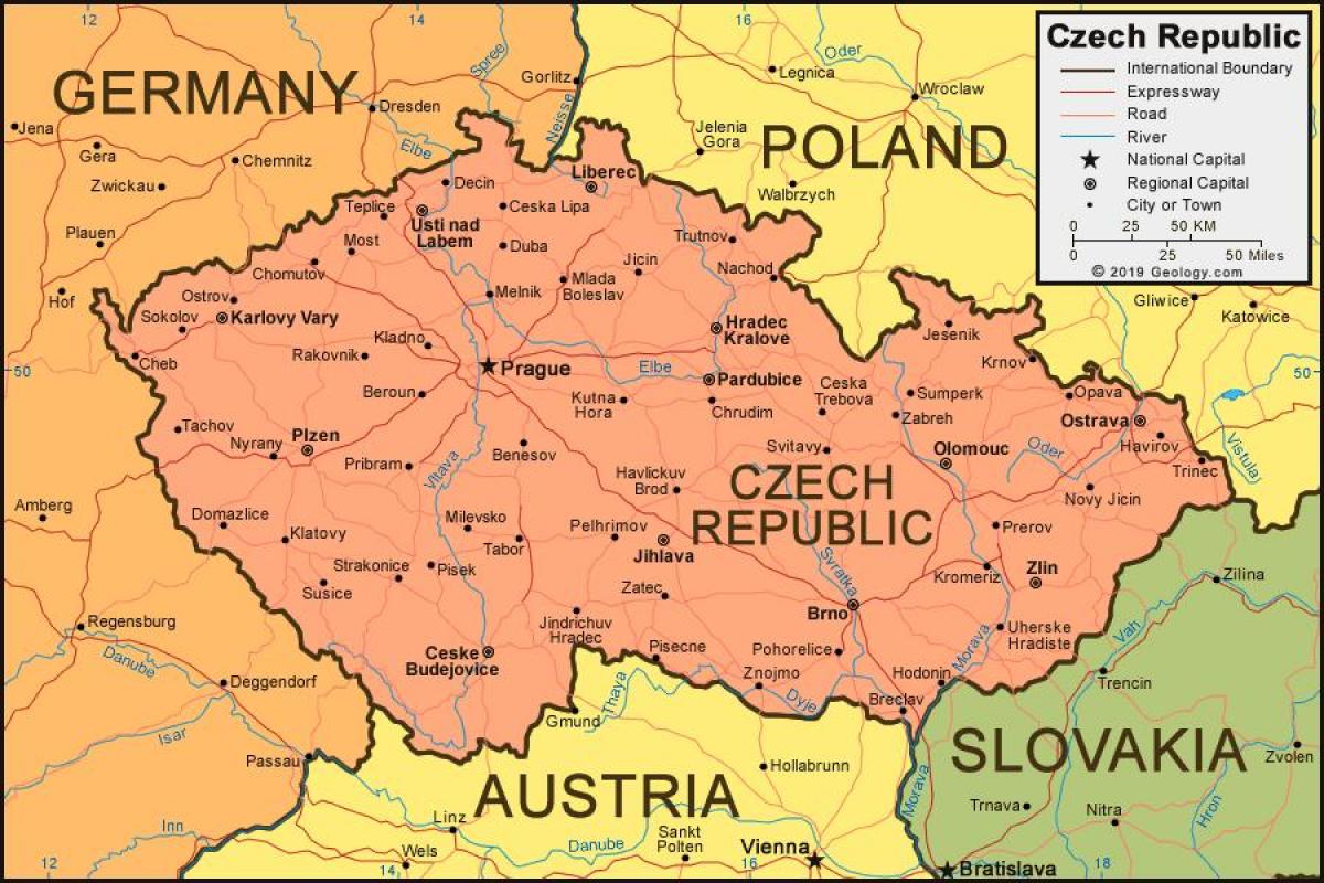 Map of Czech Republic (Czechoslovakia) and bordering countries