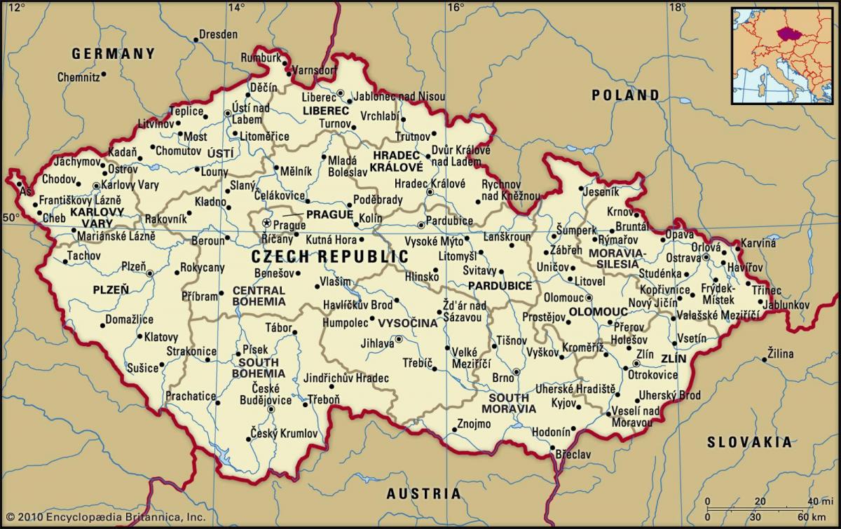 Map of Czech Republic (Czechoslovakia) with main cities